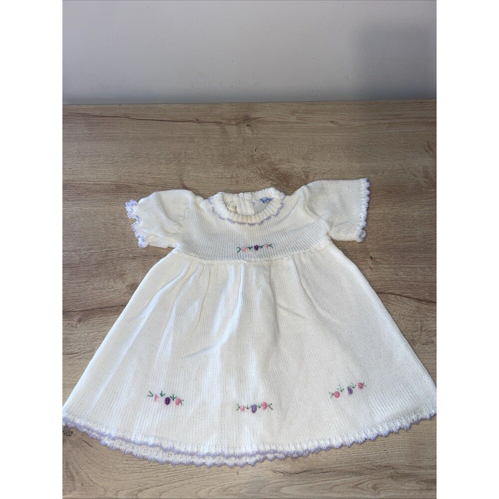 Carriage Boutique Baby Dress 3M Ivory Knit Sweater Floral Vintage Made In Spain